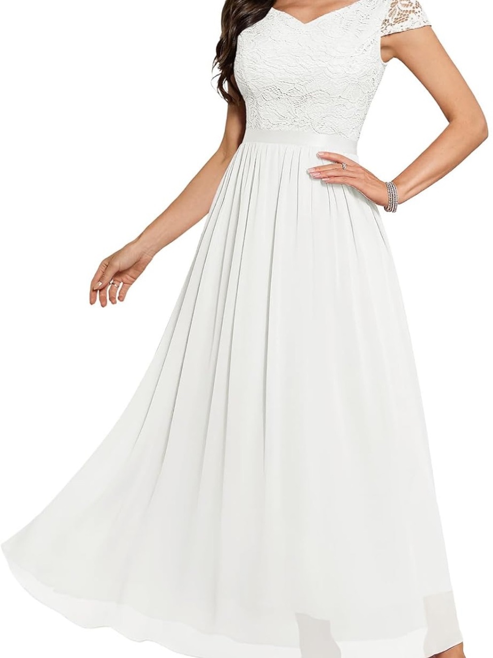 Lace Bodice White Maxi Dress with Cap Sleeves